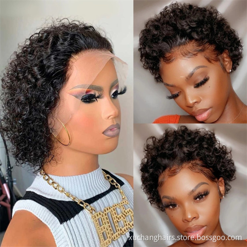 Wholesale Pixie Cut Wigs Short Bob Curly Human Hair Wigs Cheap Virgin Brazilian Hair Glueless Transparent 13x1 Lace Frontal Wig